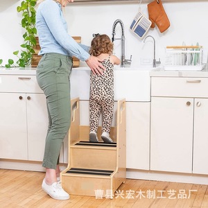 Solid Wood Children Step <b>Stool</b> With Handrails Minimalist Design For Kids <b>Bathroom</b> Kitchen Use - Product Image 3