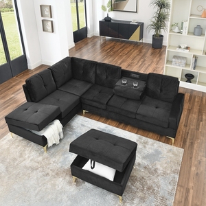 Winforce Factory Outlet moderno soggiorno in velluto tessuto 5 posti ad angolo pouf polifunzionale modulare divano componibile - Product Image 5