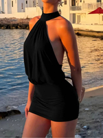 Robe mini fourreau élégante et sexy pour femme, unie, dos nu en dentelle, sans manches, respirante, style licou, pour soirée, club, tenue de ville, mode estivale
