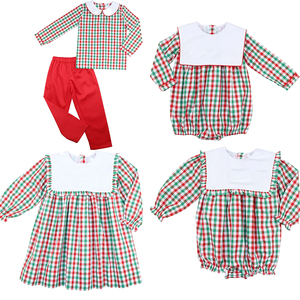 Nouveautés Frères et Sœurs Assortis Plaid Noël Enfants Tenues Barboteuse Col Claudine Coton Personnalisé Petits Garçons Tenues - Product Image 1