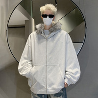 Veste zippée en molleton de coton épais 500g, style streetwear hiver, coupe oversize, avec capuche en fausse fourrure amovible