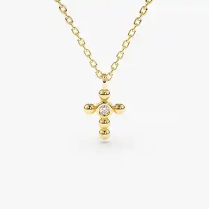 VLOVE Fine Jewelry Diamond Necklace 14K Gold Tiny Ball Diamond Cross Necklace