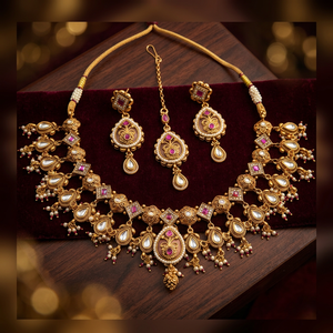 High Quality Latest Designed Gold Plated Brass Bridal <b>Set</b> Choker <b>Necklace</b> Drop Earrings Tikka Ethnic Kundan <b>Pearl</b> Zircon Trendy - Product Image 3