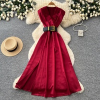 Robe longue élégante en satin pour femme, col en V, sans manches, coupe trapèze, avec ceinture, vêtements décontractés pour les fêtes, robes décontractées pour tous les jours
