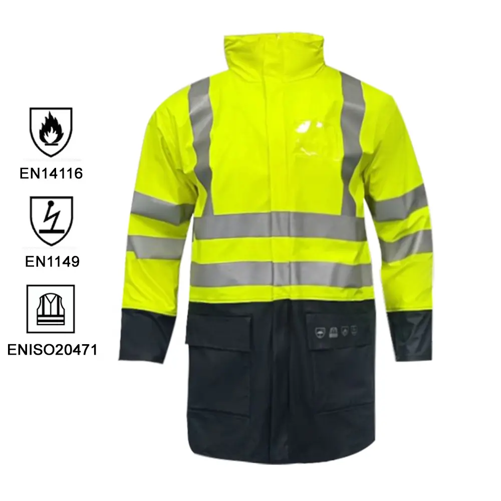 Venta caliente hivis amarillo ignífugo PU chaqueta de manga larga para hombre con cinta reflectante