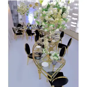 Modern Party Wedding Furniture Gold Stainless Steel round Tempered Glass Top S Shape Dining Table