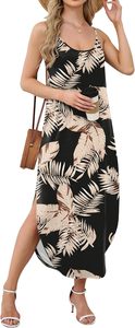 Vestidos de Verano Casuales Maxi Tejidos para Mujer con Cintura Imperio, Tirantes Finos, Estilo Hawaiano para Vacaciones, 100% Poliéster con Estampado de Hojas - Product Image 3