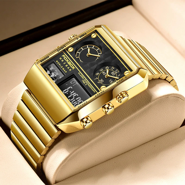 For FB0011 Square Simple Men's Sport Watch Analog Digital Display Gold Stainless Steel Back Light Timer Alarm Date Two-Zone