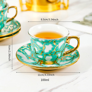 Ceramic Coffee <b>Cup</b> <b>Set</b> With Saucers Green Gold Edging For Afternoon <b>Tea</b> Breakfast Use Round Handle Design - Product Image 2