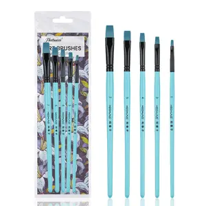 Custom Blue Color Fine Art Paint Brushes Set 5 Pieces Wood Handle Paintbrush Set Artist Brush For Students Painting