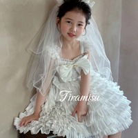 Robe Lolita sans manches en polyester pour filles, style été 2024, nouvelle collection, robe de princesse blanche pour anniversaire, robe de cérémonie avec voile