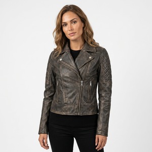 Veste de motard en cuir véritable marron vieilli, écologique, pour femmes, avec fermeture éclair, manches matelassées imperméables, finition rétro, OEM ODM - Product Image 1
