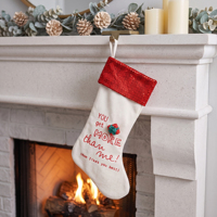 Chaussette de Noël drôle en toile avec slogan et revers à sequins rouges, pour cadeaux de Noël pour la famille et le cheminée