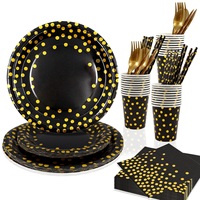Ensemble de vaisselle jetable pour fête, 10 couverts, comprenant gobelets, serviettes et assiettes en papier, à pois dorés, rose, noir, blanc, vert