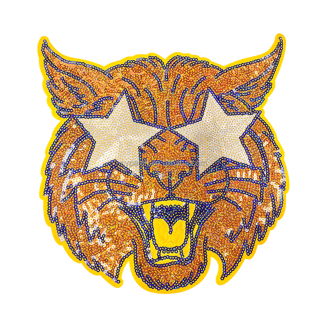Wildcat Head Sequin Embroidered Patch with Star Eyes, Customizable Iron-On Patch for Bags, Jackets, Hats, & Accessories