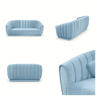 Sofá Moderno Curvo de Terciopelo, Juego de Sala de Estar de Alta Gama, Sofá de 3 Plazas con Capitoné Vertical Azul Claro, Sofá de Lujo