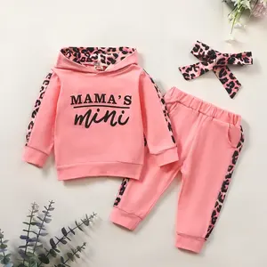 Baby Girls Fall Winter Clothes Pink Letter Leopard Sweatshirt Toddler Clothing Set With Headband Kids Fall Hood Leopard Outfit