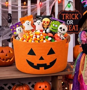 Cesto portaoggetti in corda di cotone con manici a forma di faccia di zucca di Halloween, contenitore decorativo per caramelle, giocattoli, regali, scherzi, <span class=keywords><strong>organizer</strong></span> per feste in casa - Product Image 1