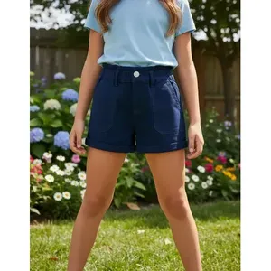 Bermuda da ragazza a vita alta in cotone elasticizzato tinta unita, traspiranti, con bottoni frontali, lunghezza corta 31405 - Product Image 2