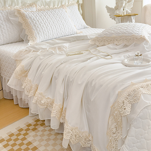 Juego de Ropa de Cama de 4 Piezas con Volantes Delicados y Bordado de Encaje Estilo Francés, Color Blanco Puro, para Primavera y Verano 2026 - Product Image 1