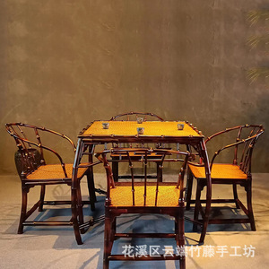 Antique Style Chinese Lacquer Bamboo Tea Table And Chair Set Square Durable Restaurant Furniture For Tea Ceremony - Product Image 1
