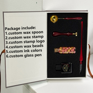 Set regalo con sigillo di cera personalizzato Set per timbro di vetro penna calamaio blu rosso giallo verde - Product Image 2