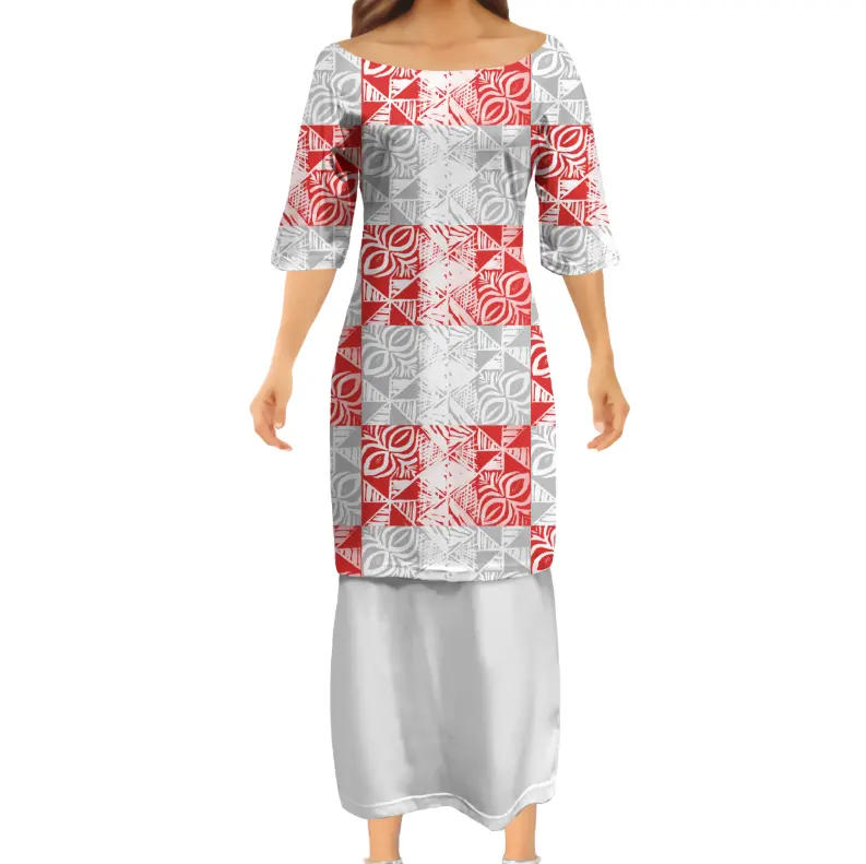 גבוהה באיכות Tongan Puletasi חצי שרוול שמלת פולינזי שבטי ורוד ולבן Custom Puletasi Tatau דפוס מקסי שמלה