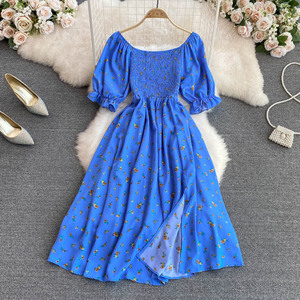 2023 Premium verano nuevo estilo francés suave dulce cuello cuadrado Puff manga corta cintura ajustada adelgazamiento hendidura A-Line <span class=keywords><strong>vestido</strong></span> Casual - Product Image 3