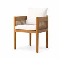 Ensemble de salle à manger d'extérieur rond en teck massif avec chaises à accoudoirs en rotin tressé, mobilier de jardin pour cour, hôtel, villa - Disponible en OEM