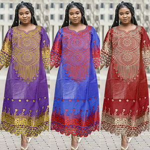 H & D Vêtements traditionnels nigérians Robes africaines pour femmes Broderie élégante <span class=keywords><strong>Bazin</strong></span> Maxi Robes <span class=keywords><strong>Boubou</strong></span> avec Turban pour mariage - Product Image 1