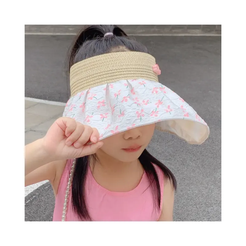 สาวน่ารักปีกกว้างที่ว่างเปล่าด้านบนหมวกดวงอาทิตย์แฟชั่นการพิมพ์ดอกไม้เด็ก Sun Visor หมวกท่องเที่ยวกลางแจ้งหมวกชายหาดสําหรับเด็ก