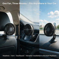 Ventilateur de voiture USB 5V mini 3 vitesses en ABS 5W avec 3 accessoires de fixation : ventouse, clip de ventilation, pince d'appui-tête pour camping-car, camion, fourgonnette