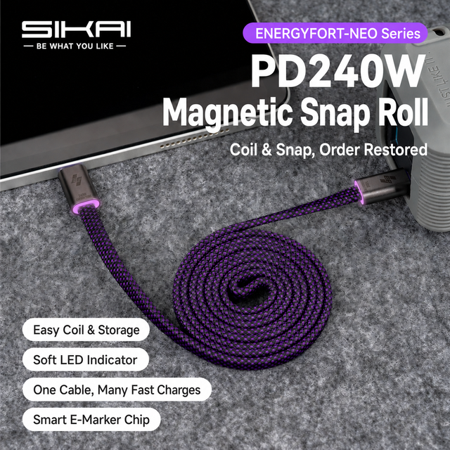 SIKAI 240W USB C to USB C Magnetic Self-Coiling Cable 5A PD 3.1 Flat Braided Fast Charging Cord LED E-Marker Desk Setup Phone