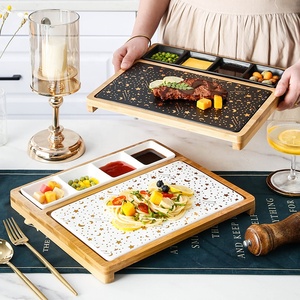 Nordic Restaurant Home Ceramic Snack <strong>Plate</strong> Western Square Ceramic Grid Steak <strong>Plates</strong> With <strong>Wood</strong> Base - Product Image 1