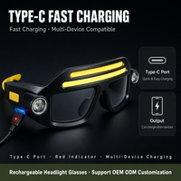 Lunettes de sécurité multi-lumières avec lampe frontale rechargeable, lunettes de protection lumineuses pour le travail nocturne en extérieur, la course à pied et la pêche