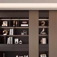 Bibliothèque modulaire minimaliste moderne en bois foncé avec panneau arrière cannelé et étagères LED