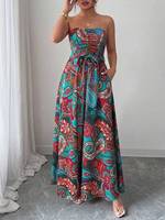 Robe longue sans bretelles pour femmes avec taille plissée, imprimés floraux et rayés, élégante robe de plage d'été pour les vacances