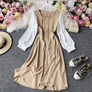 Français <span class=keywords><strong>Romance</strong></span> rétro robes femmes décontracté col carré Midi dame femmes élégant pur Stretch mince automne bureau loisirs robe - Product Image 1