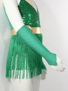 Costumes de danse pour filles : Haut à sequins, jupe à franges, gants, ceinture dorée, manchettes, pour compétition de danse latine et jazz, sur mesure - Product Image 5