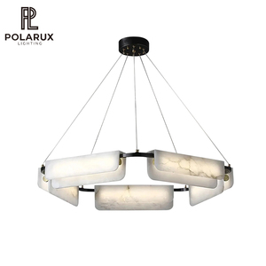 Lampadario LED in Stile Nordico, Decorazione per Hotel e Soggiorno, in Ottone e Pietra di Alabastro Bianca, Modello Delia - Product Image 1