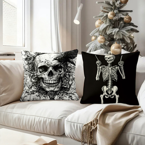 Gothic skull and skeleton throw pillows with festive holiday decor in Christmas stockings and reindeer antlers - Product Image 4