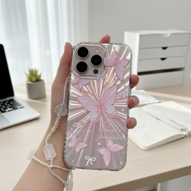 Bow Butterfly Mobile Phone Case for iphone 16 Plus 17 18 Air Pro Max Pearl Heart Pendant Chain Shell Shockproof Coque Back Cover