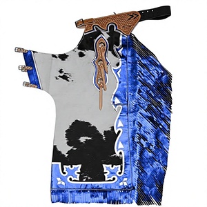 Western Chaps <b>Men</b> Genuine Leather Blue Fringe Cowhide Design Buckle Closure Riding Equestrian Gear - Product Image 1