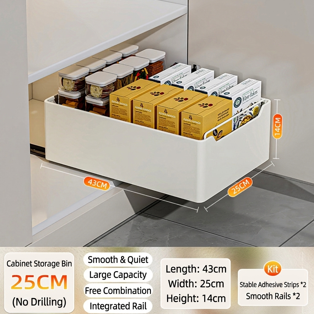 white 43cm long, 25cm wide, 14cm high with sliding rail