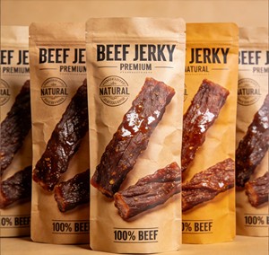 Sachet refermable personnalisé AG pour bœuf séché brun, en papier kraft de qualité alimentaire, pochette d'emballage verticale avec fenêtre transparente - Product Image 1