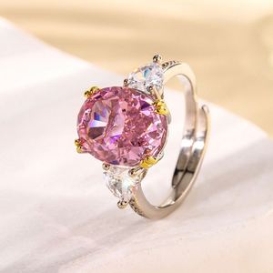 Fashion Jewelry Eco-friendly Copper Oval Cut 10*12MM Red Cubic Zirconia Womens Three Stone <b>Adjustable</b> <b>Ring</b> for Daily Wear - Product Image 4