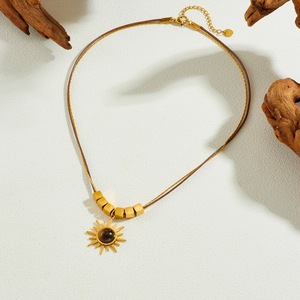 Maillard Retro Simulated Tiger Eye Gold Plated Sun Pendant Beaded Square Wax <b>Rope</b> <b>Chain</b> Necklace Daily Wear Fashion Jewelry - Product Image 3
