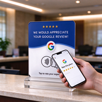 Plaque NFC transparente en acrylique pour avis Google 12cm x 12cm NTAG213 avec support de table étanche pour affichage des évaluations d'hôtel