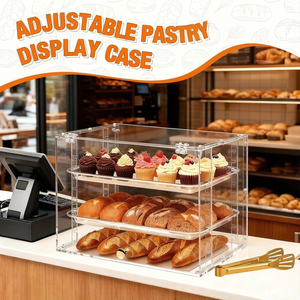 <span class=keywords><strong>Vitrine</strong></span> à pâtisserie et à pain en acrylique triple avec 2 plateaux amovibles, ouverture frontale à pince dorée pour comptoir de cuisine et boulangerie - Product Image 3