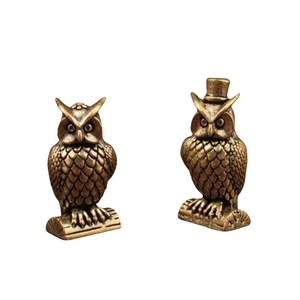 Owl Brass Ornament 2Pcs Desk Decor Home Office Traditional Style <b>Standing</b> Owl With <b>Hat</b> Craft - Product Image 5